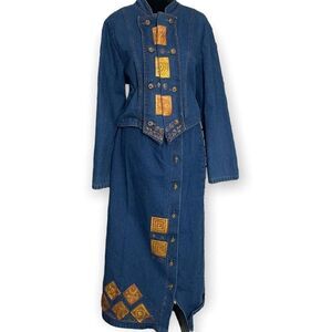 AC Clothing Two Piece Skirt Set Military Jacket Womens 10 Denim Hand Painted VTG